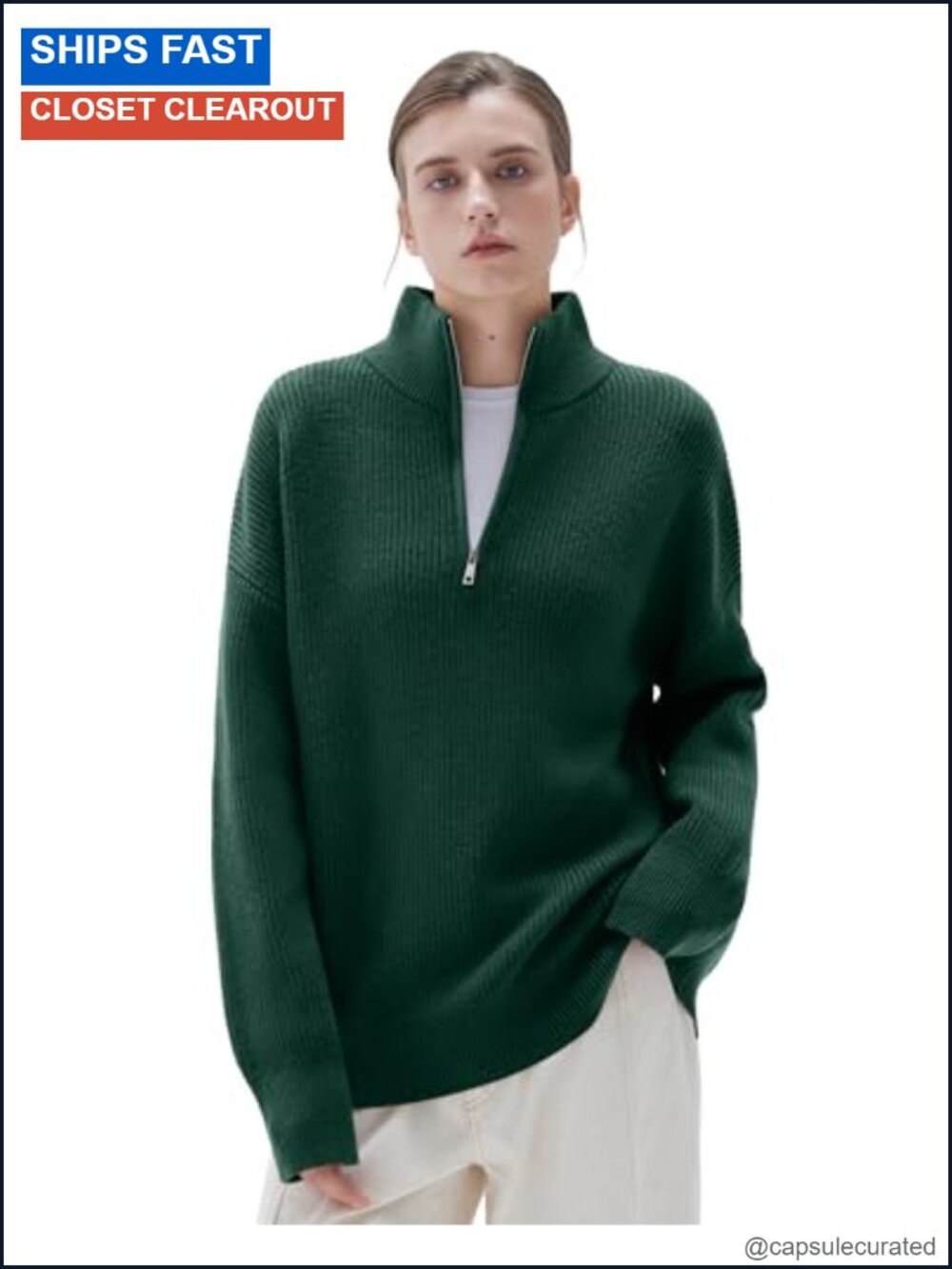 Cashmere Blend Oversized Quarter Zip Pullover Sweater Mock Neck Ribbed